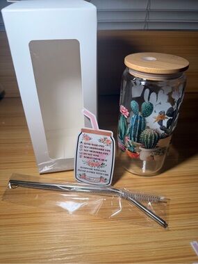 Glass Tumbler with Bamboo Lid & Straw-Cactus